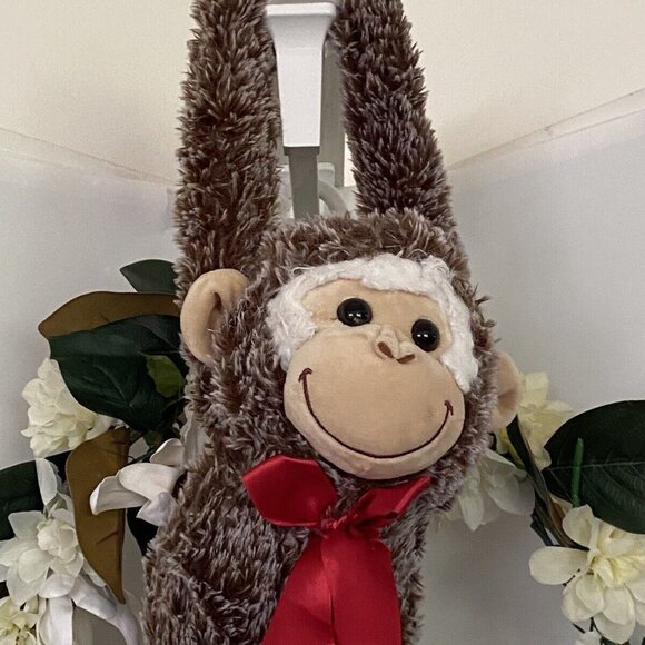 Vintage Pier One 1‎ Imports Brown Hanging Monkey Plush Poseable Animal 26" Bow - Picture 5 of 16